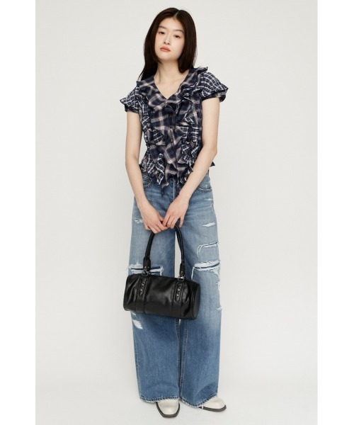 新品　新作　sly MIX FRILL COMPACT BL ネイビー　チェック SLY（スライ） ブラウス シャツ 半袖 MIX FRILL COMPACT BL ミックス