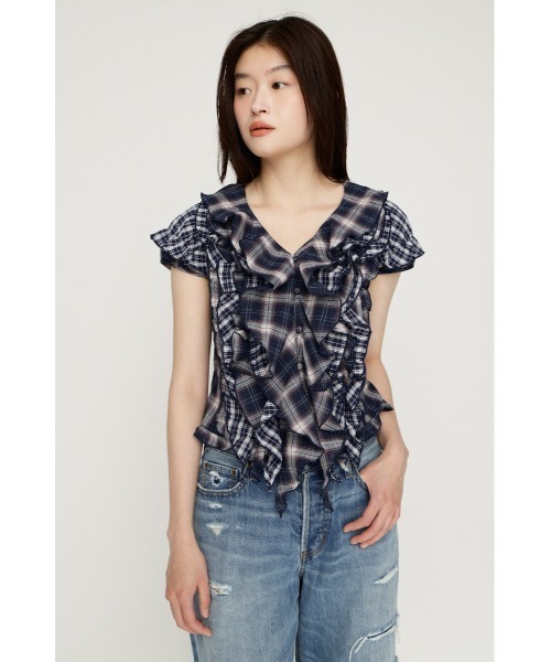 新品　新作　sly MIX FRILL COMPACT BL ネイビー　チェック SLY（スライ） ブラウス シャツ 半袖 MIX FRILL COMPACT BL ミックス
