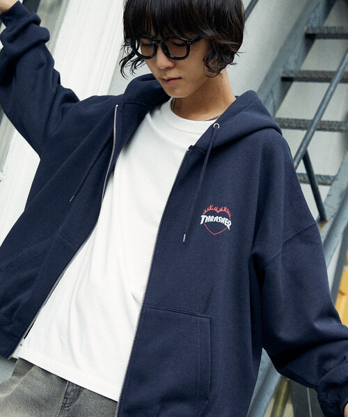 「THRASHER」 ジップアップパーカー SMALL ライトグレー メンズ_画像3