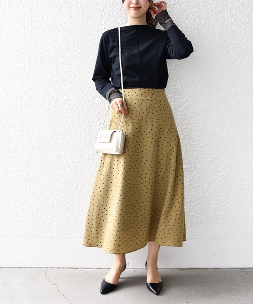 SHIPS スカート *「手洗い可能」ドット / 花柄 切替 セミフレア