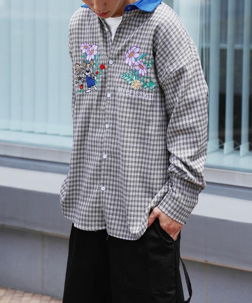 シャツ HOOK -original- レトロ調可愛いワンちゃん刺繍チェック