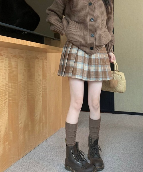 YORKLAND チェック ウール スカート プリーツ ブラウン 昭和レトロ スカート Nia(ニア)/レトロチェック ミニプリーツスカート
