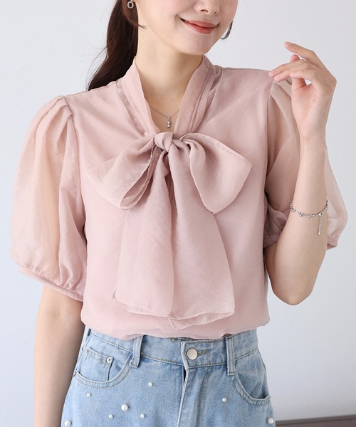 BLUEEAST ブラウス シャツ シアーボウタイブラウス レディース