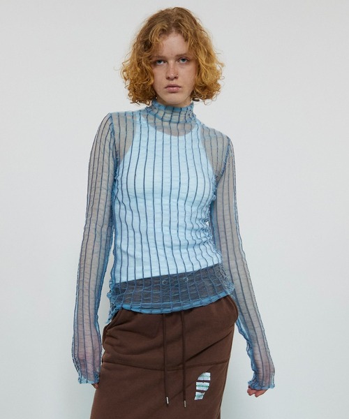 ニット セーター Shirring Stripe Sheer Knitwear/シャーリングストライプシアーニット「MAISON SPECIAL/メゾ Shirring Stripe Sheer Knitwear/シャーリングストライプシアー