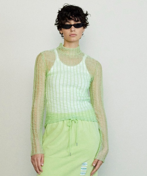 シャーリングストライプシアーニット【MAISON SPECIAL】 MAISON SPECIAL ニット セーター Shirring Stripe Sheer