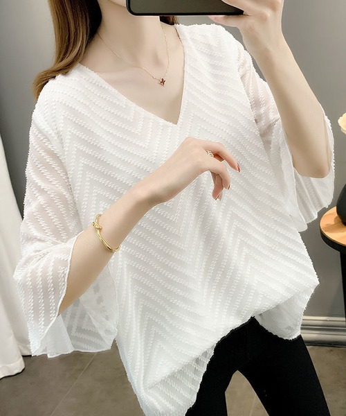 贈り物 BLANC V シフォン 7分袖 裏地付き シャツ ブラウス FICELLE トップス