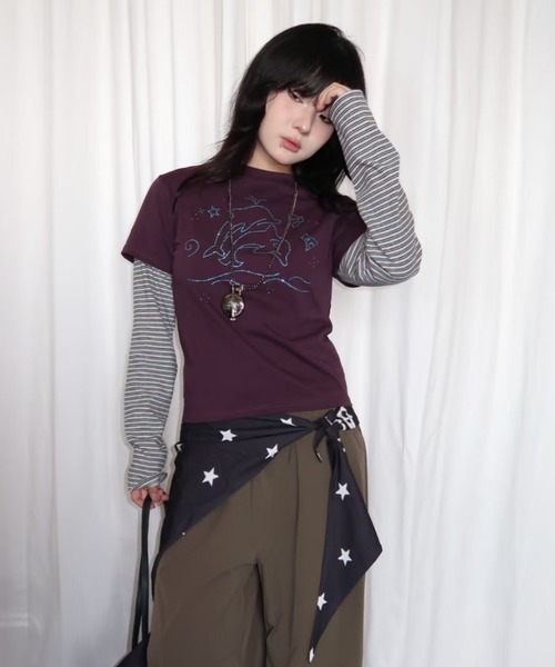 DIAVEL tシャツ フェイクレイヤード/ラインストーンTシャツ／Y2K可愛い