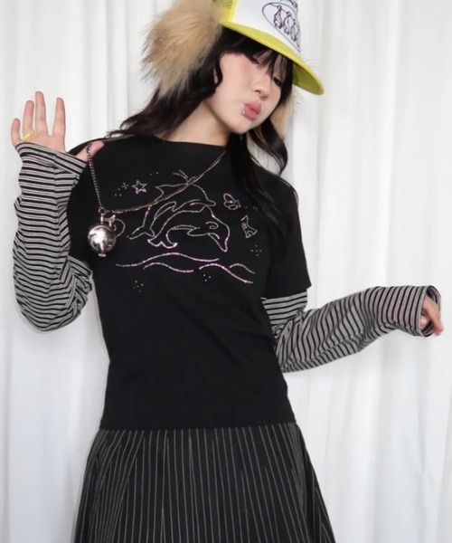 DIAVEL tシャツ フェイクレイヤード/ラインストーンTシャツ／Y2K可愛い