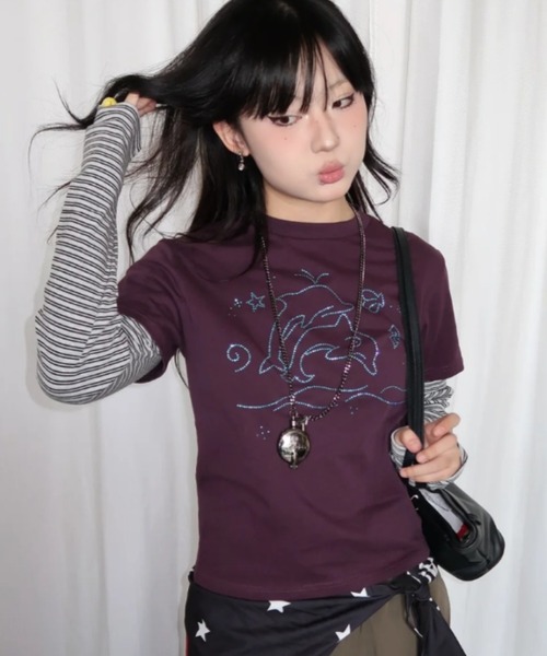 DIAVEL tシャツ フェイクレイヤード/ラインストーンTシャツ／Y2K可愛い