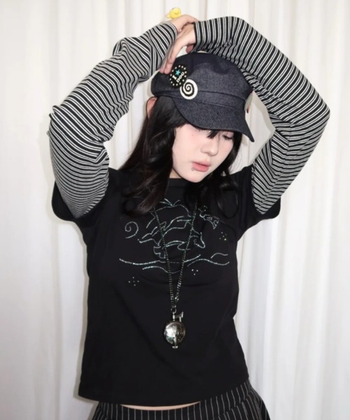 DIAVEL tシャツ フェイクレイヤード/ラインストーンTシャツ／Y2K可愛い