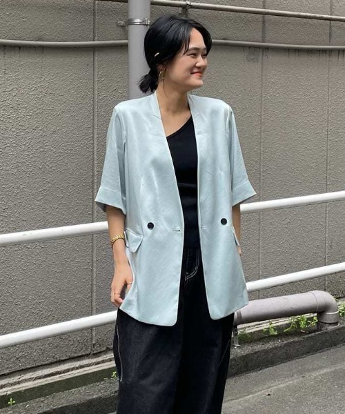 レディース MIESROHE カラミ織りハーフスリーブジャケット、パンツセット