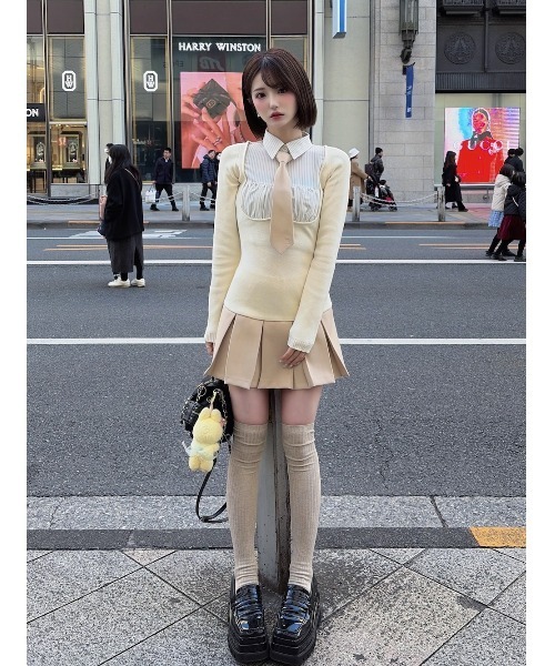ネクタイシャツドッキングニットミニワンピース darich ダーリッチ Darich ダーリッチ ネクタイシャツドッキングニットミニワンピース