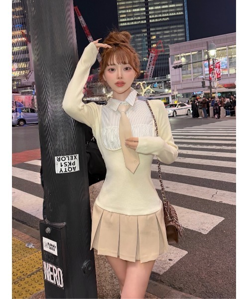 Darich（ダーリッチ） ワンピース ネクタイシャツドッキングニットミニ