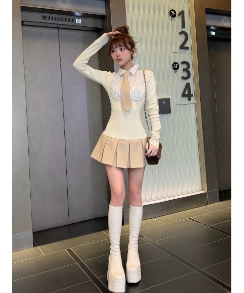 Darich（ダーリッチ） ワンピース ネクタイシャツドッキングニットミニ
