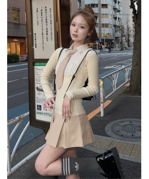 Darich（ダーリッチ） ワンピース ネクタイシャツドッキングニットミニ