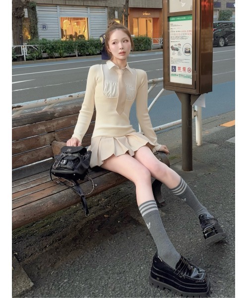 ネクタイシャツドッキングニットミニワンピース darich ダーリッチ Darich ダーリッチ ネクタイシャツドッキングニットミニワンピース