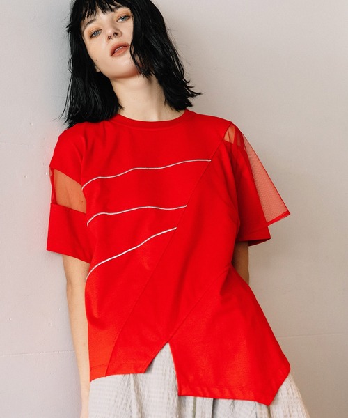 tシャツ シアーレイヤードエンブロイダリーラインＴシャツ レディースの画像