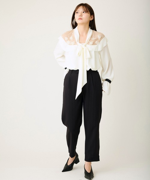 uvカット スラックス パンツ ピンストライプテーパードパンツ「結婚式・入卒式・お受験」「オケージョン・セレモニー/デイリーにも」 レディースの画像