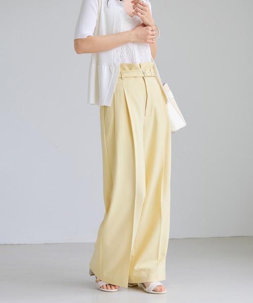 ワイドパンツ パンツ ベルトディティールタックワイドパンツ/イージーケア・接触冷感 レディースの画像