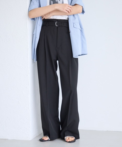 ワイドパンツ パンツ ベルトディティールタックワイドパンツ/イージーケア・接触冷感 レディースの画像