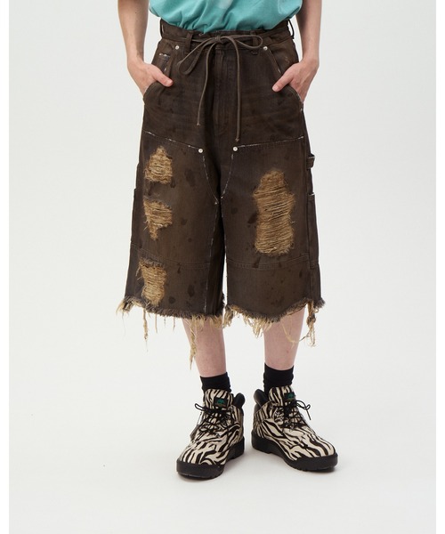 ジーンズ DOUBLE KNEE DENIM SHORTS メンズの画像