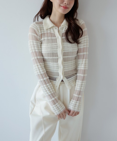 AMUU. PRECIEUSE ニット セーター シアーフェザーボーダーポロニット