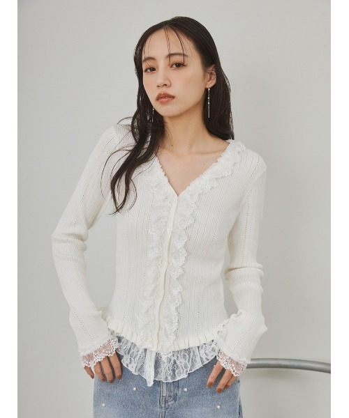 【新品未使用】今季完売 FRAY I.D フリルレースコンビニットカーデ FRAY I.D（フレイ・アイディー） ニット セーター フリルレースコンビ