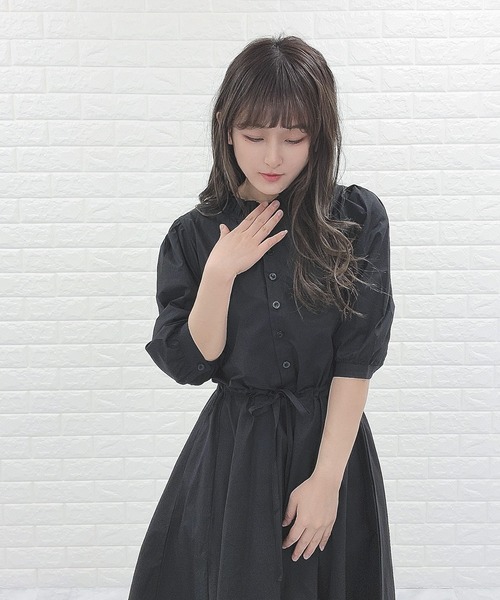 スタンド　フリルカラー　キラクララメ　レトロワンピース Lace Ladies シャツワンピース スタンドフリルカラー 五分袖