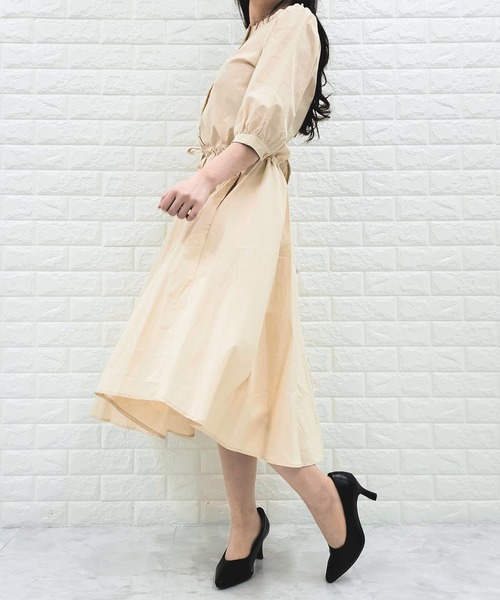 Lace Ladies シャツワンピース スタンドフリルカラー 五分袖