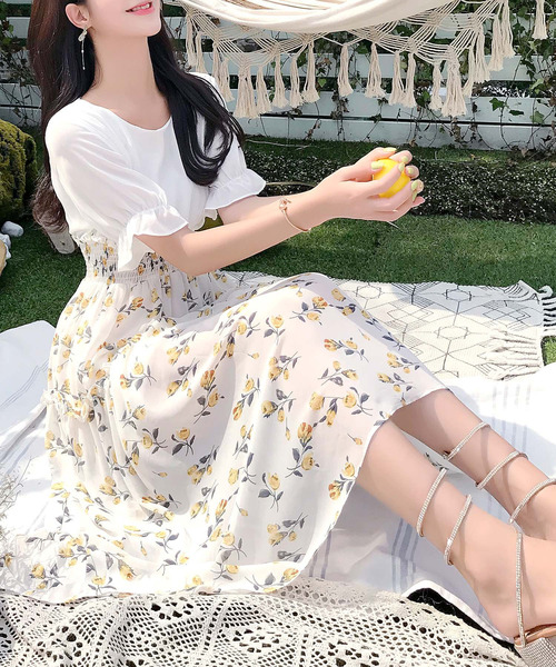DAY CLOSET ワンピース レディース 半袖シャーリングウエスト