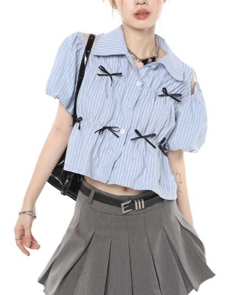 ブラウス シャツ バックカットアウトリボンブラウス レディース ブラウス シャツ バックリボンカットアウトブラウス レディース
