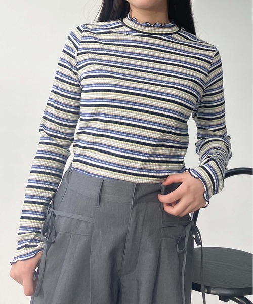 AS KNOW tシャツ 配色メロウフリルリブプルオーバー レディース  