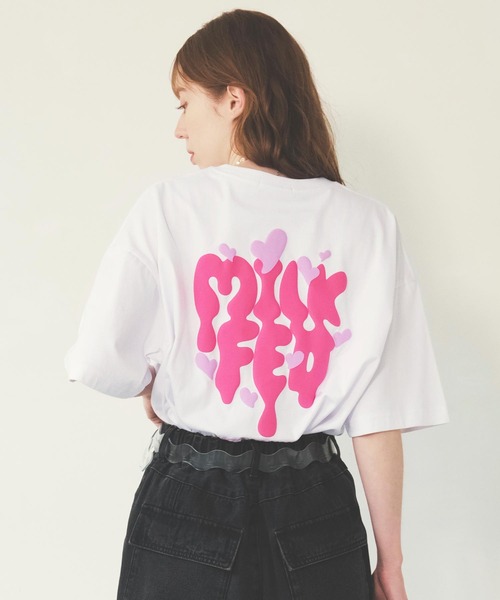 tシャツ GLITTER MELT LOGO WIDE L/S TEE レディース MILKFED. tシャツ ハート×ロゴグラフィックでガーリーストリート