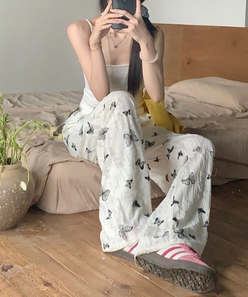 Achic パンツ フリンジ蝶々柄セミワイドパンツ レディース