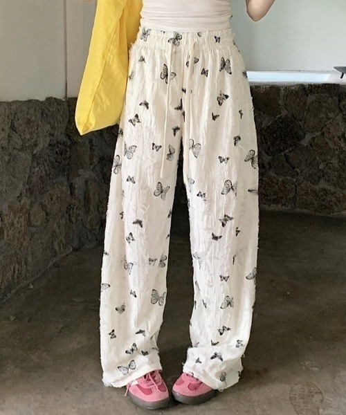 韓国 蝶々柄  パンツ Achic パンツ フリンジ蝶々柄セミワイドパンツ レディース