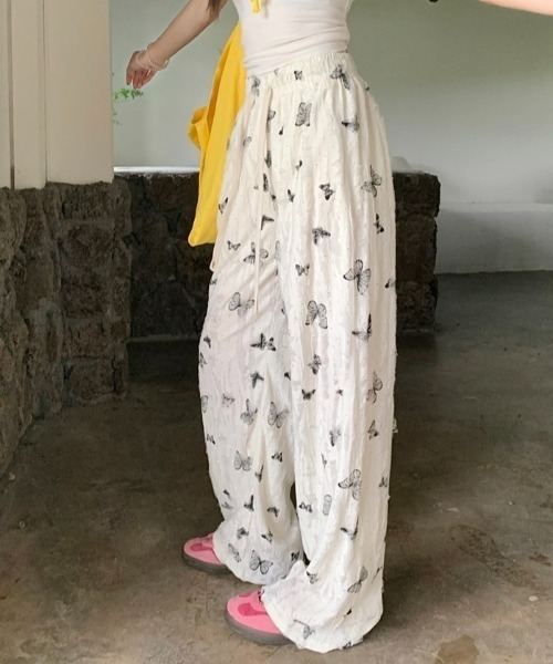 Achic パンツ フリンジ蝶々柄セミワイドパンツ レディース