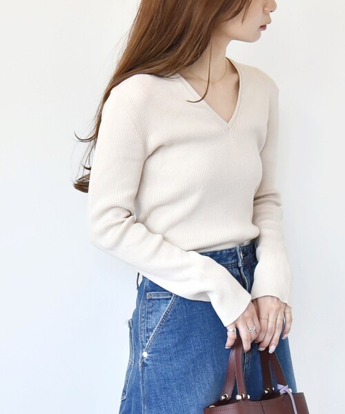 ニット セーター quaranciel:「手洗い可能」コットン Vネック リブ ニット レディース quaranciel ニット セーター quaranciel:「手洗い可能」コットン
