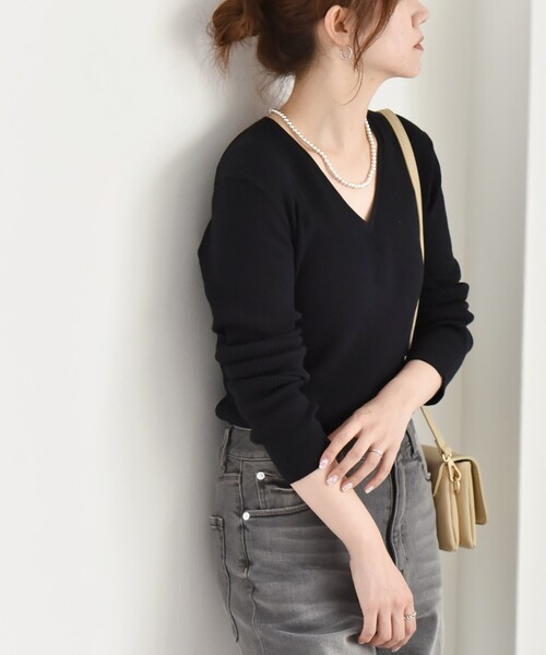 SHIPS for women / シップスウィメン quaranciel:〈手洗い可能〉コットン Vネック リブ ニット quaranciel:〈手洗い可能〉コットン Vネック リブ ニット