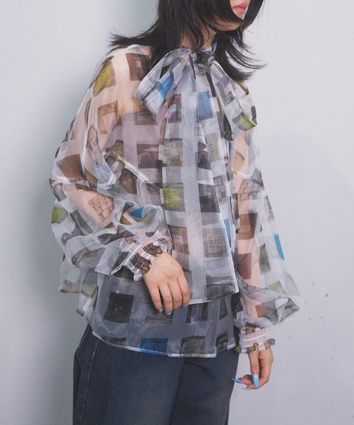 ブラウス シャツ bowtie sheer tops(multi grid) レディース