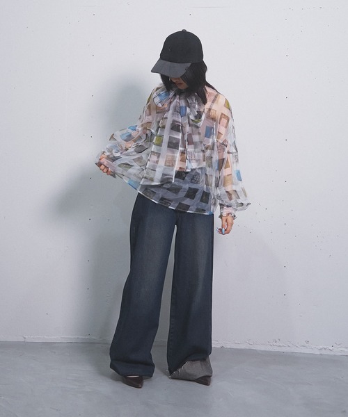 ブラウス シャツ bowtie sheer tops(multi grid) レディース MIDVEIN ブラウス シャツ bowtie sheer tops(multi grid