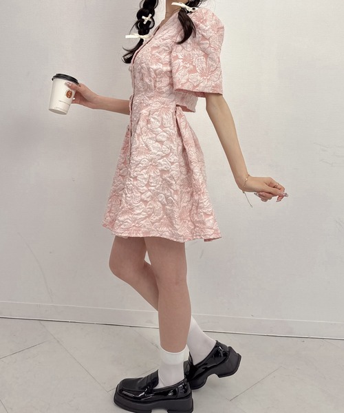 Mejoul ワンピース バックオープン フラワージャガード パール