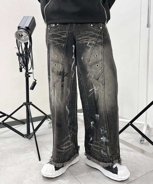 eeeeeArtmonster 犬柄 ストーン付き デニム ワイドパンツ Y2K eeeeeArtmonster 犬柄 ストーン付き デニム ワイドパンツ Y2K