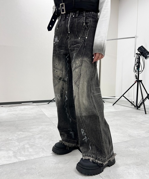 ペイントデニム ワイドデニム バギーパンツ y2k ワイドパンツ ブーツカット ジーンズ デニム デニムパンツ Y2Kペイントワイドバギーデニム