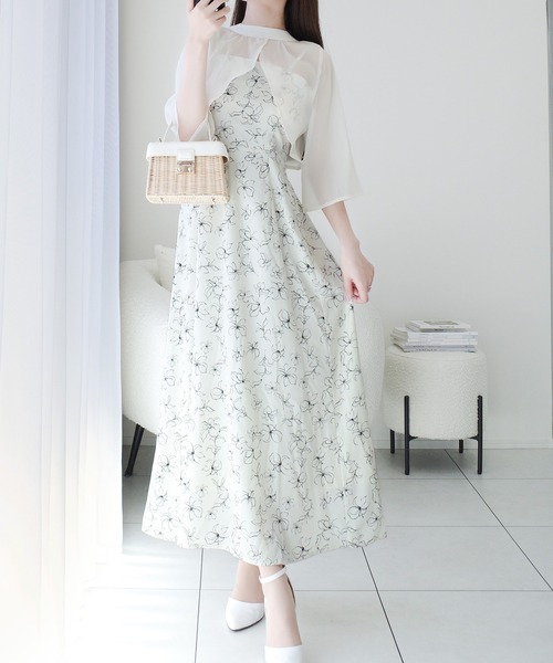 ✨新品タグ付き♡美シルエット✨エメ　ドレスワンピース　ボレロ　花柄　Aライン 花柄刺繍 レースボレロ キャミワンピース 2点セット パーティー