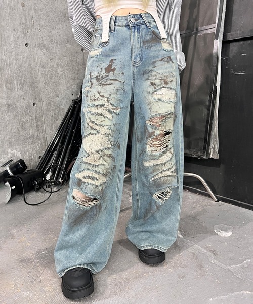 ワイドパンツ ジーンズ デニム デニムパンツ ハードダメージデニム