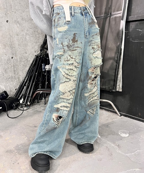ワイドパンツ ジーンズ デニム デニムパンツ ハードダメージデニム