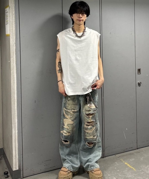 ワイドパンツ ジーンズ デニム デニムパンツ ハードダメージデニム