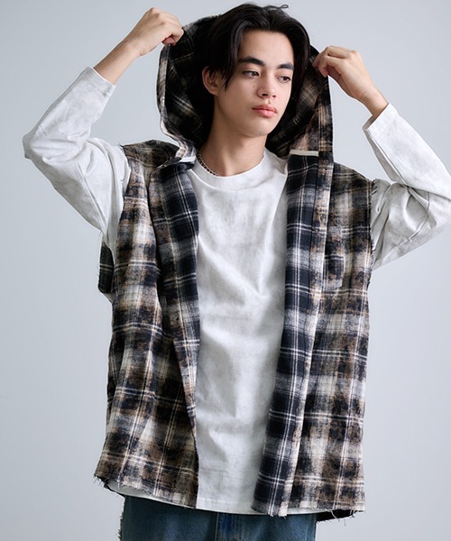 Revo. シャツ ブリーチ加工 フード付き ノースリーブ チェックシャツ