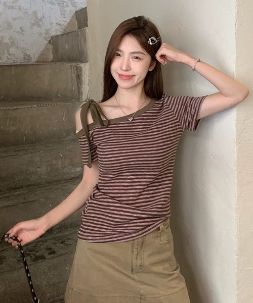 tシャツ ワンショルダーボーダートップス レディース FUNdaysion tシャツ ボーダーワンショルダートップス レディース
