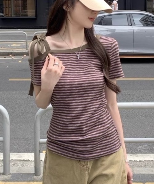 FUNdaysion tシャツ ボーダーワンショルダートップス レディース